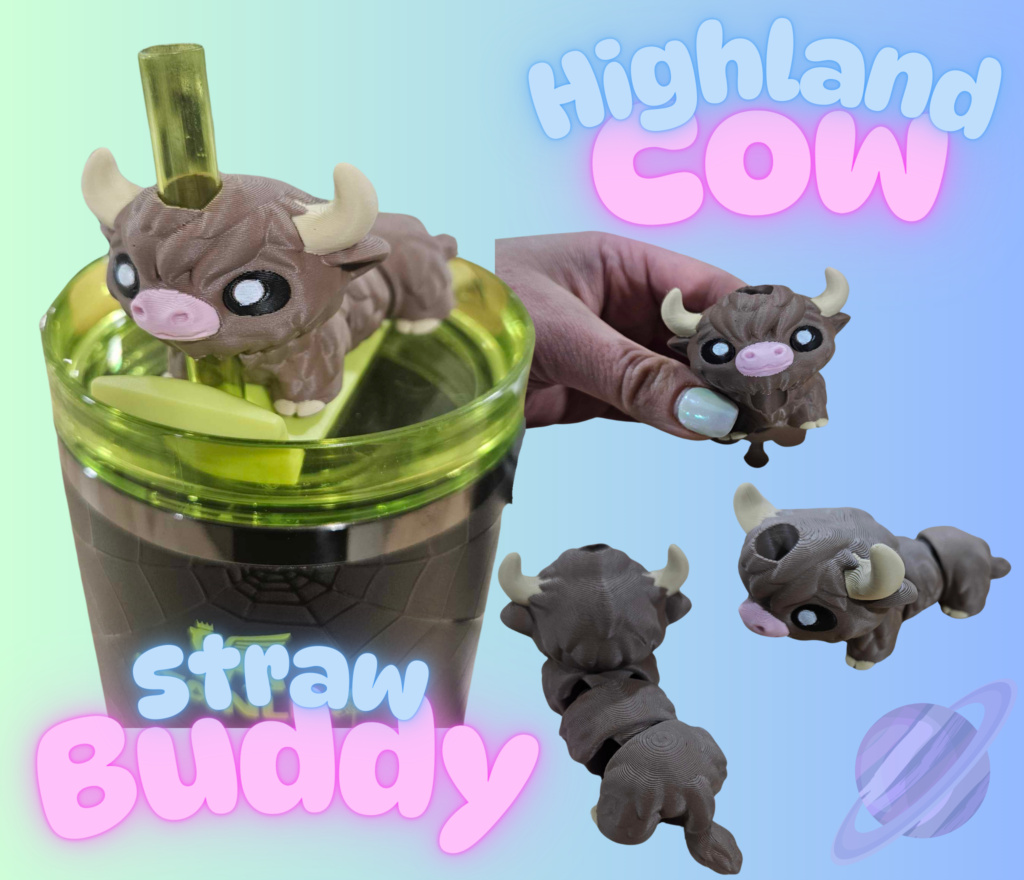 Cow-shaped straw buddy with a green lid on a blue background, featuring the text 'Highland Cow' and 'Straw Buddy'.