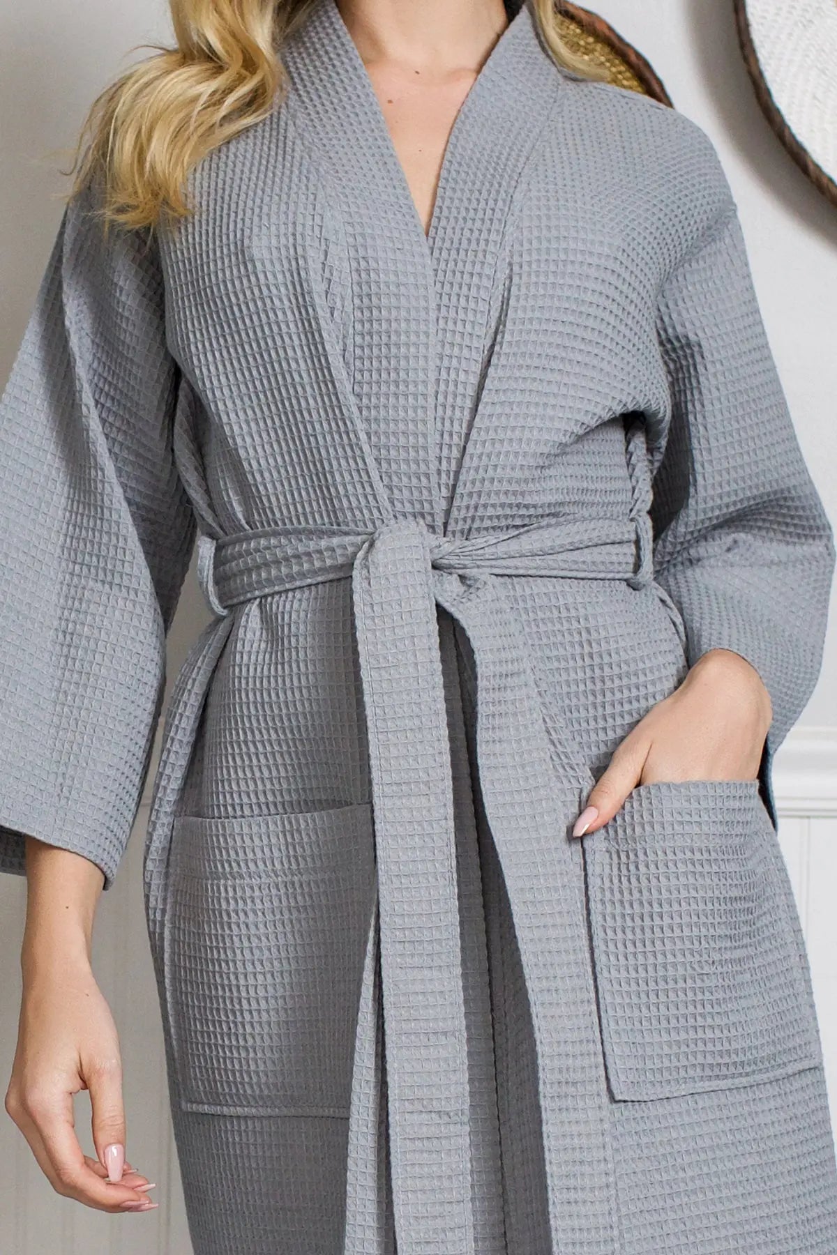 Women's Waffle Kimono Knee Length Robe