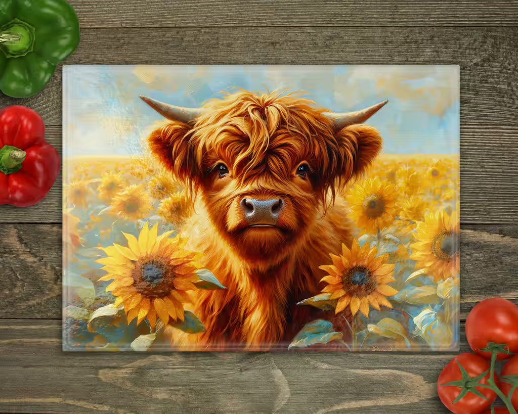 Highland Cow Sunflowers Glass Cutting Board cutting board