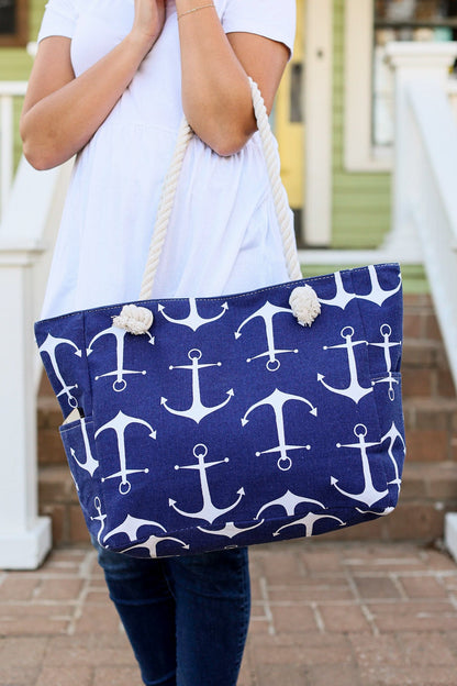 IN STOCK Rope Handle Beach Bag - Navy Anchors