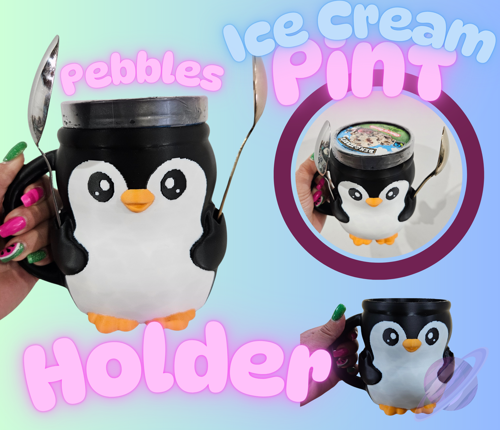 Penguin-shaped ice cream pint holder with 'Pebbles' text on a colorful background