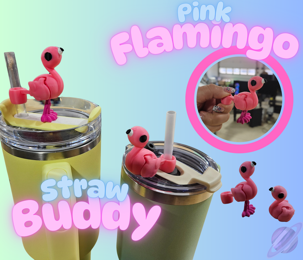 Pink flamingo straw buddy on a cup with text and additional flamingo figures.