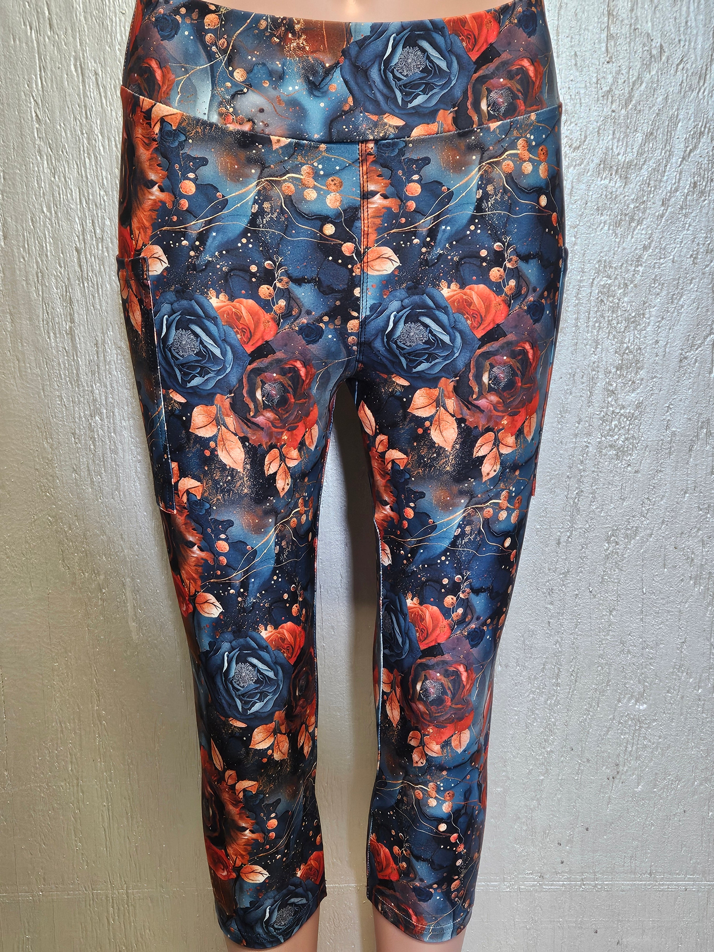 Navy Orange Flowers capris and skorts with pockets