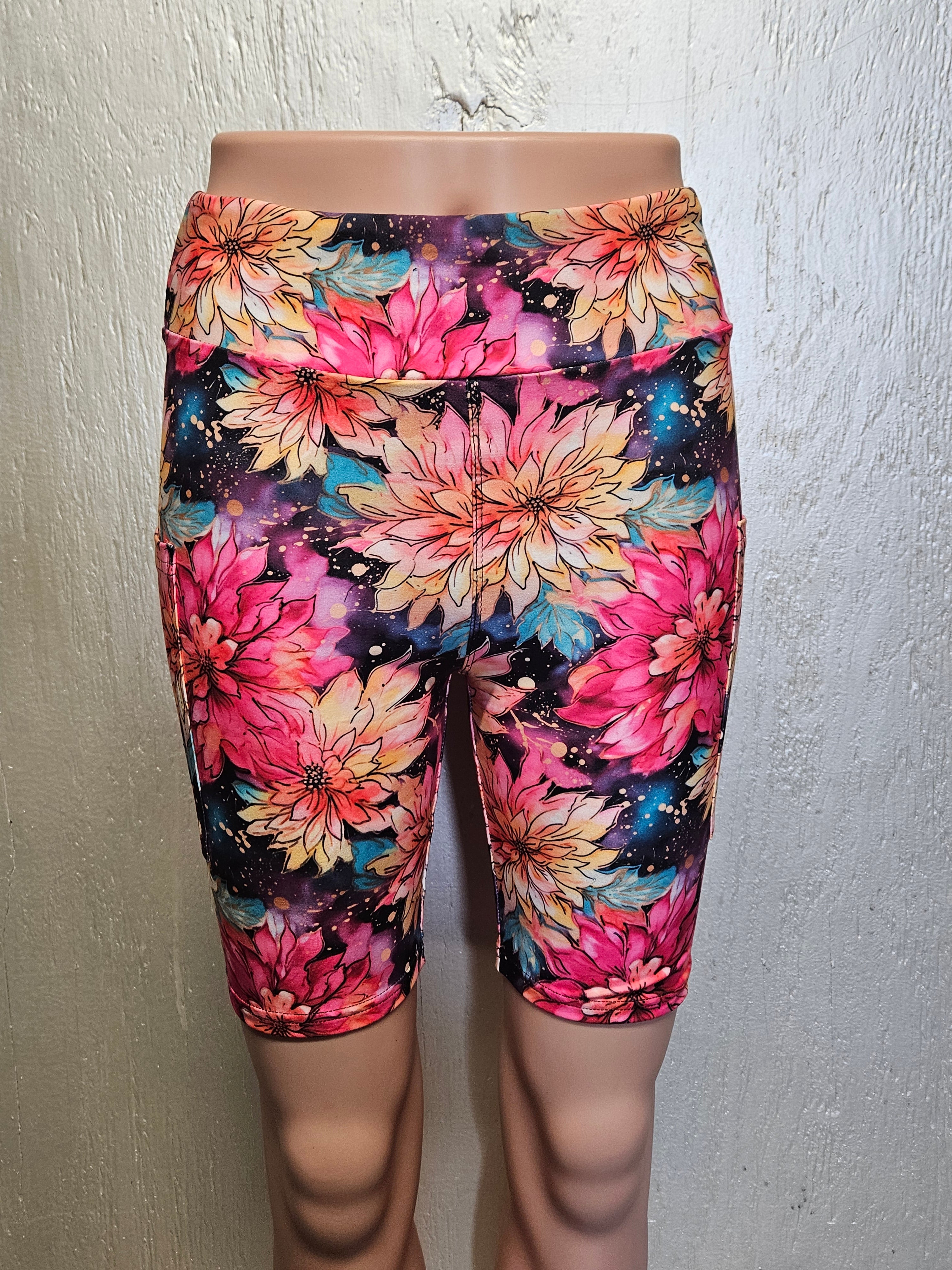 Grungy Dahlias capris and biker shorts with pockets