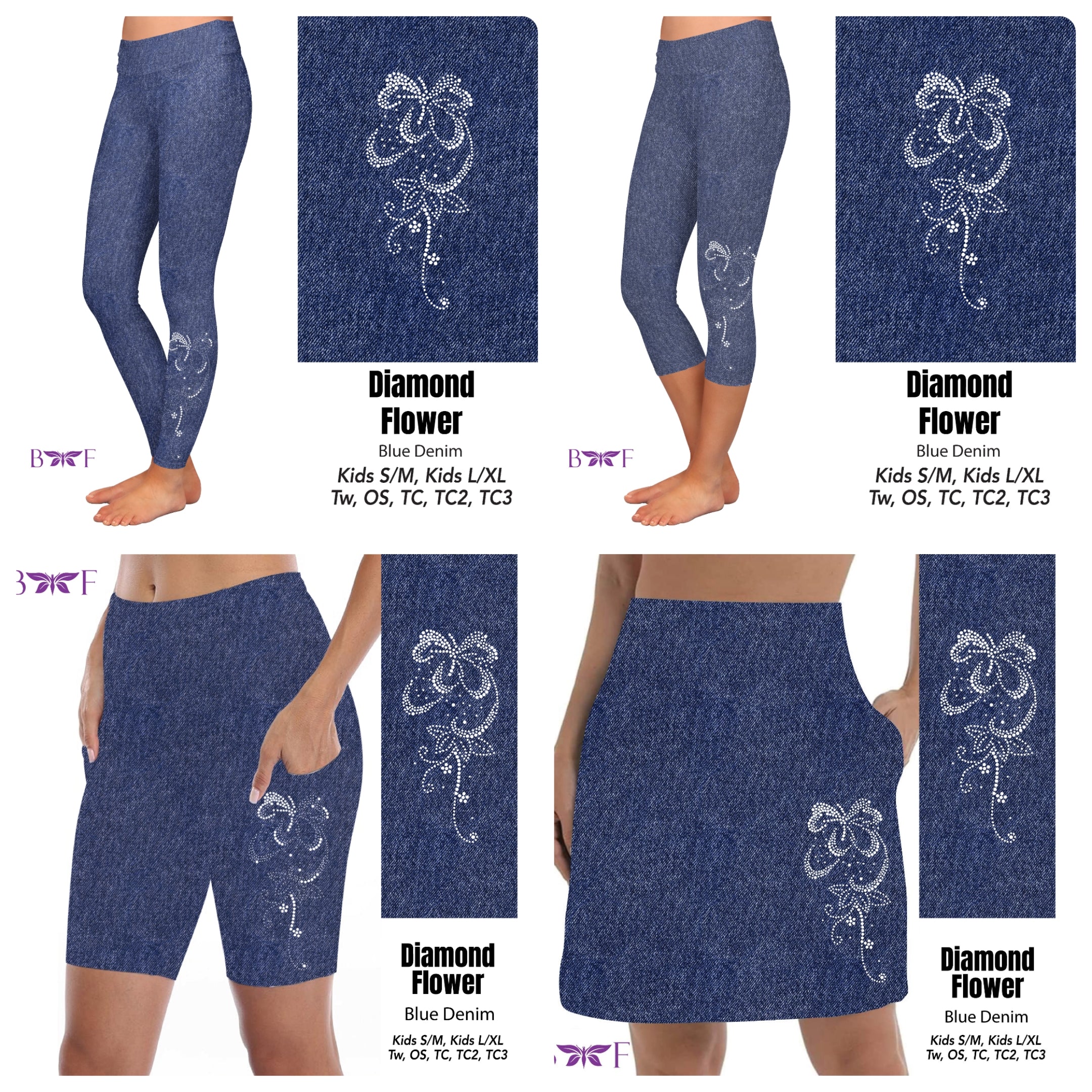 Gemstone Diamond Flower on Blue Faux Denim leggings, skorts, and capris with pockets REAL gemstones!