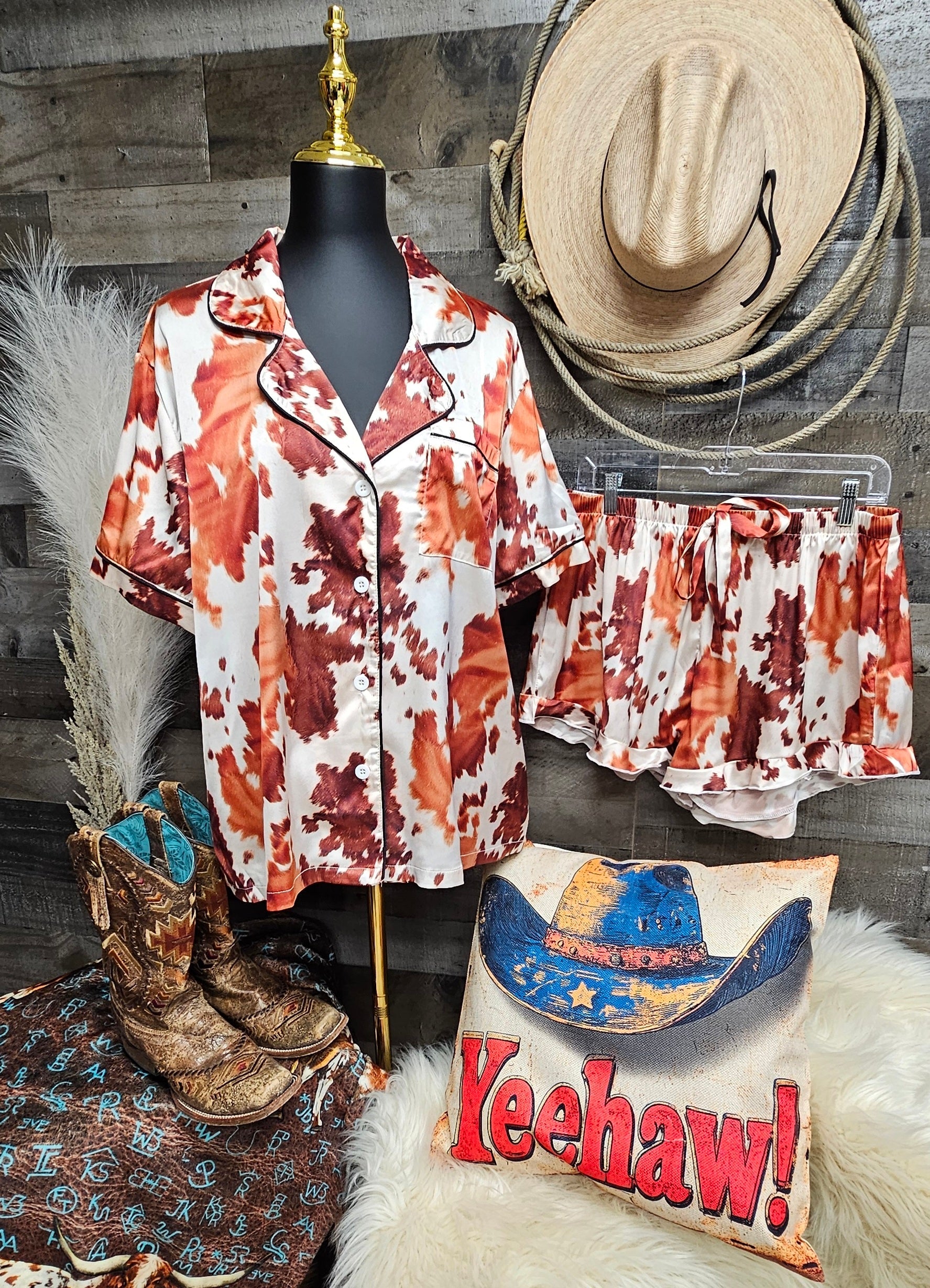 Baha Ranch Cow Hide Print Western Cowgirl Satin Pajama Set Pajama Sets