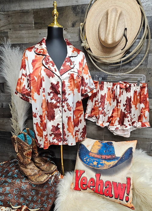 BAHA RANCH COW HIDE PRINT WESTERN COWGIRL SATIN PAJAMA SET Pajama Sets