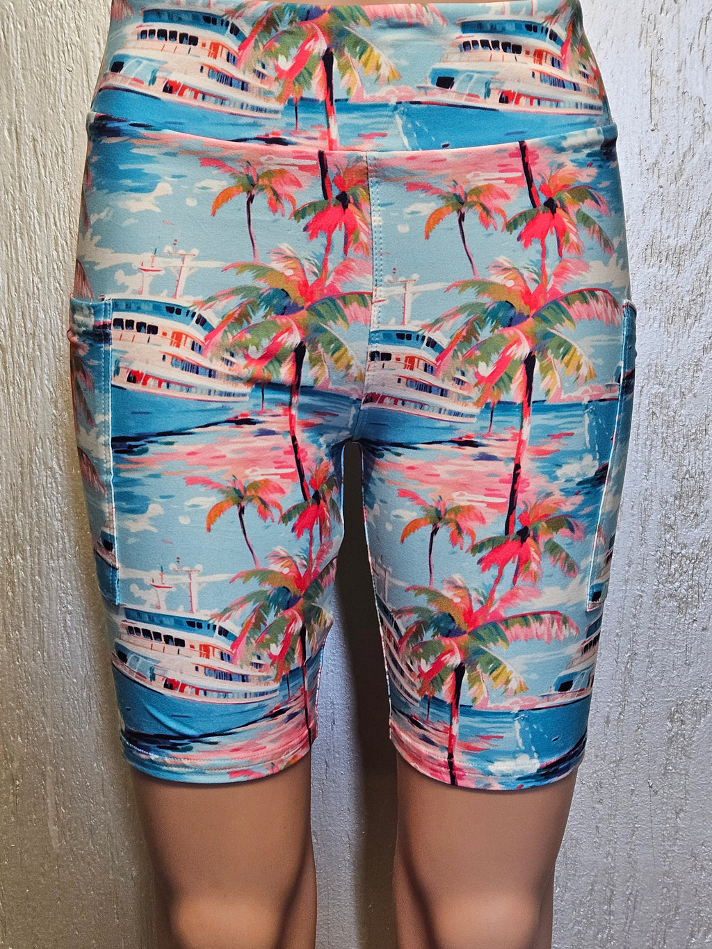 Watercolor Cruise capris and biker shorts with pockets.