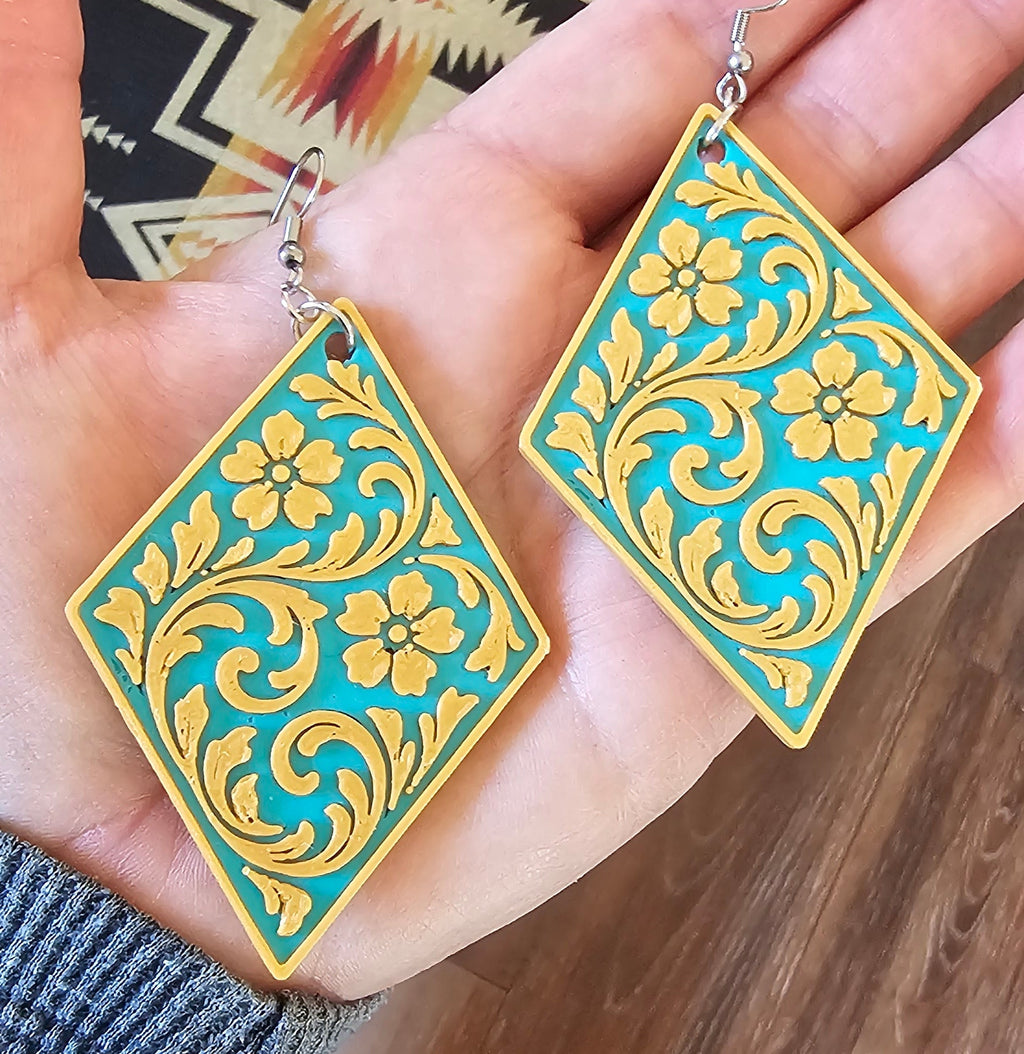 3D Print Western Tooled Floral Earrings Made in America Choice of Colors Earrings