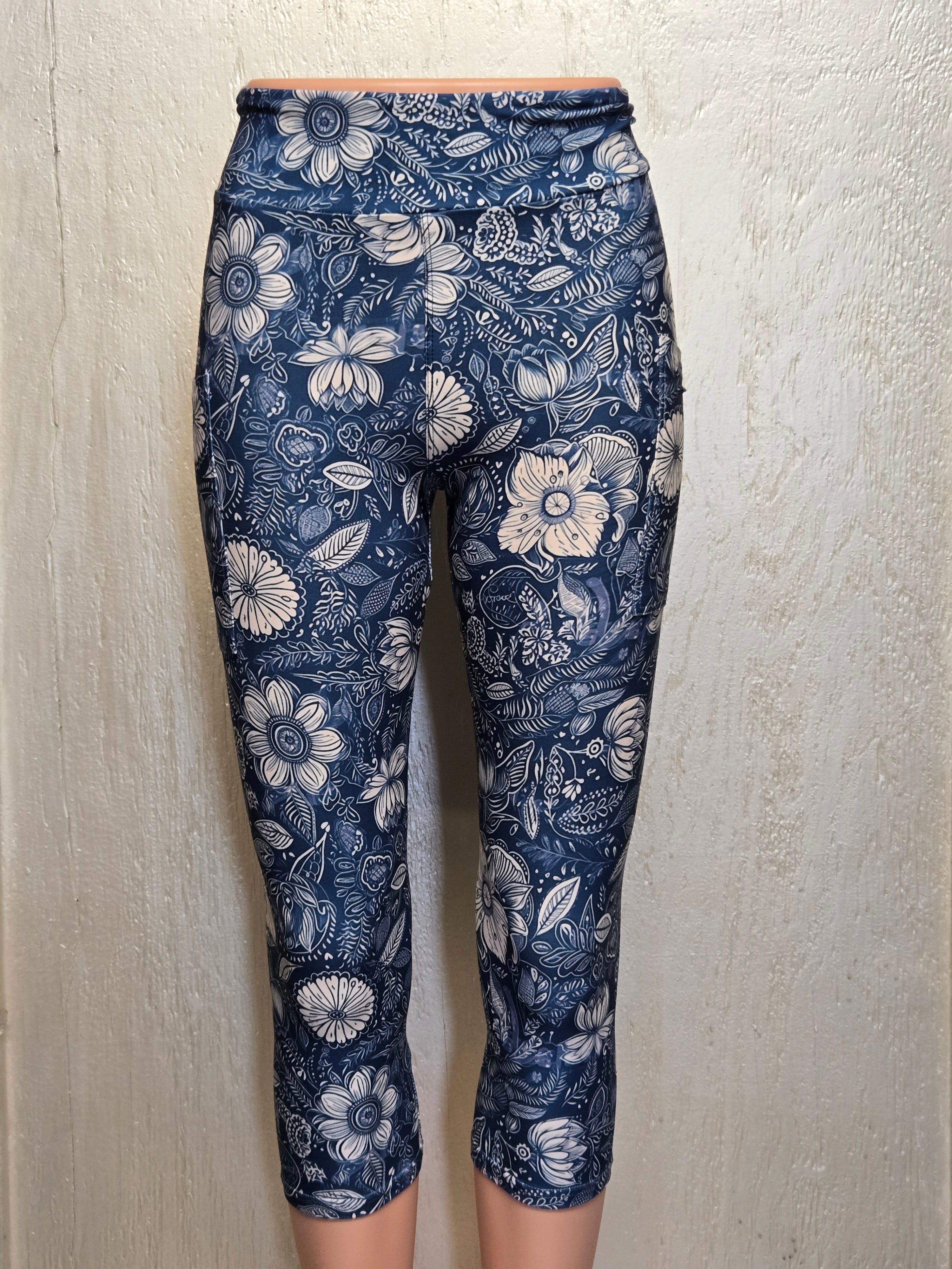 Floral Drawing on Navy skorts and capris with pockets