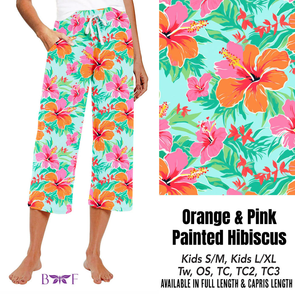 Orange and Pink Painted Hibiscus capris and biker shorts
