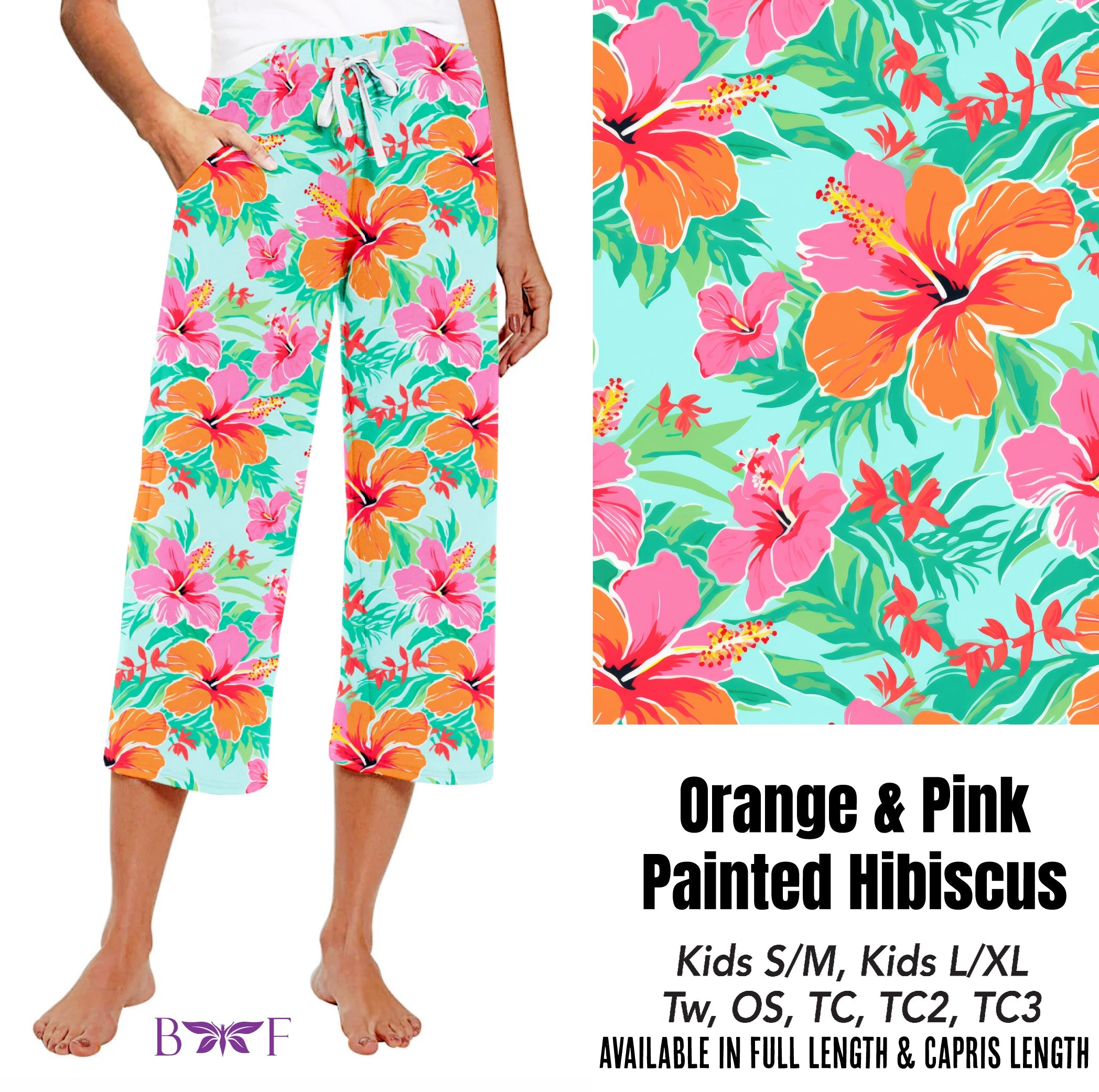 Orange and Pink Painted Hibiscus capris and biker shorts