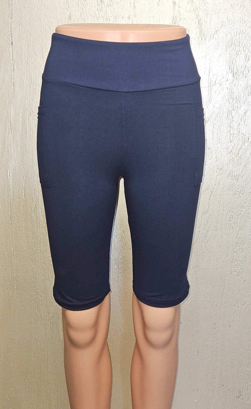 Navy leggings, capris and biker shorts with pockets