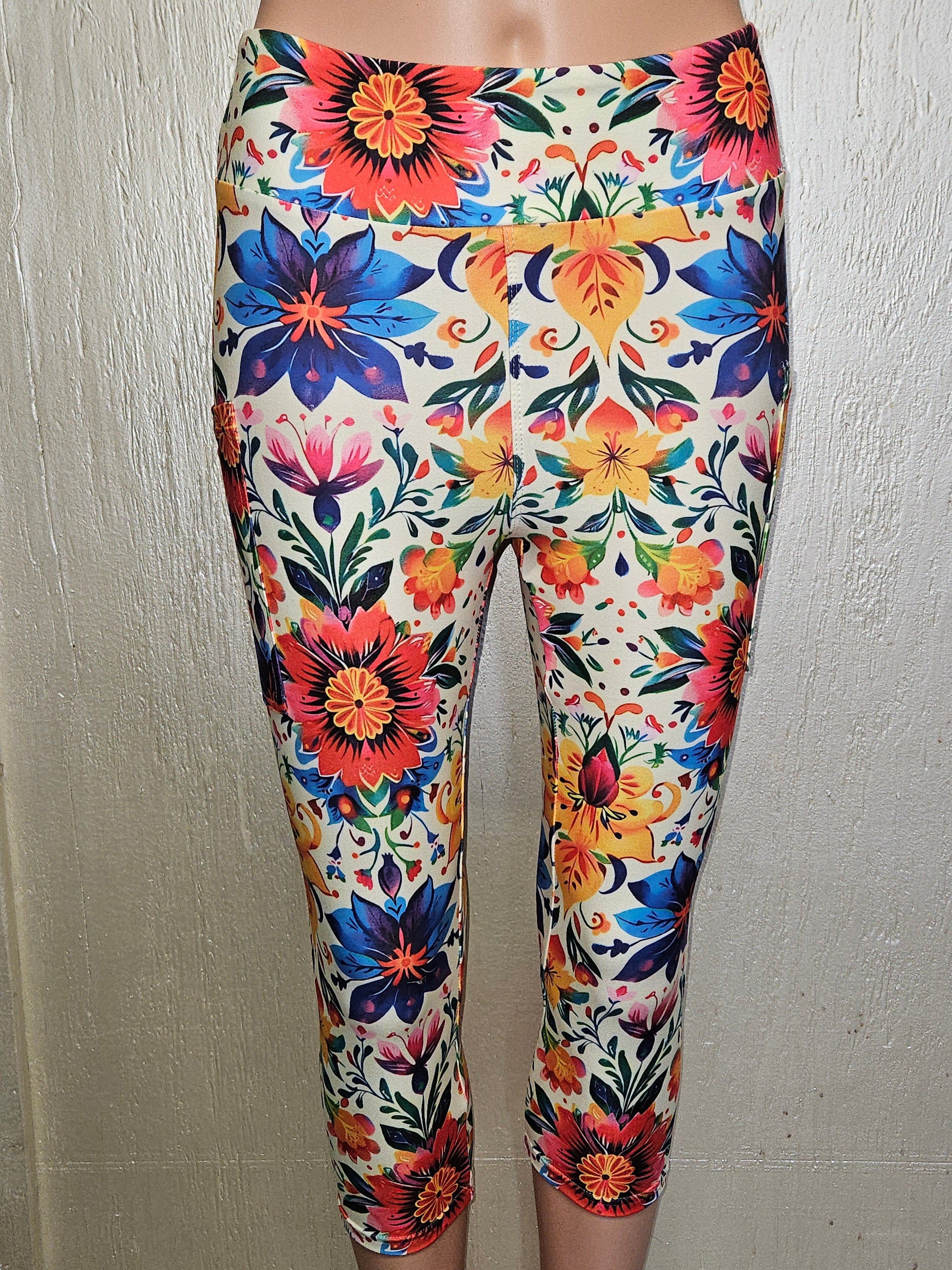 Mexican Floral On Cream skorts and capris with pockets