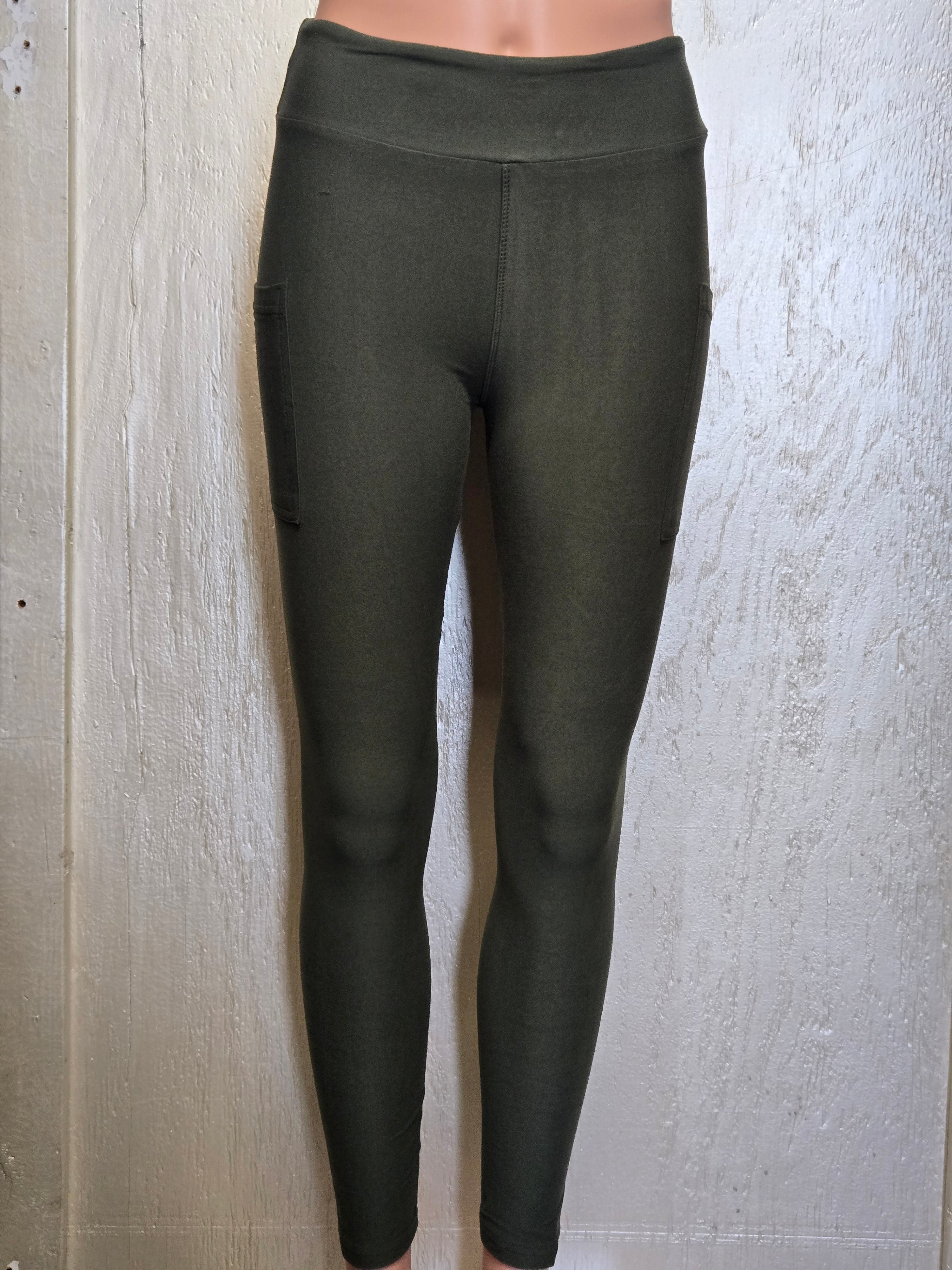 OLIVE LEGGINGS, CAPRIS, AND SHORTS WITH POCKETS
