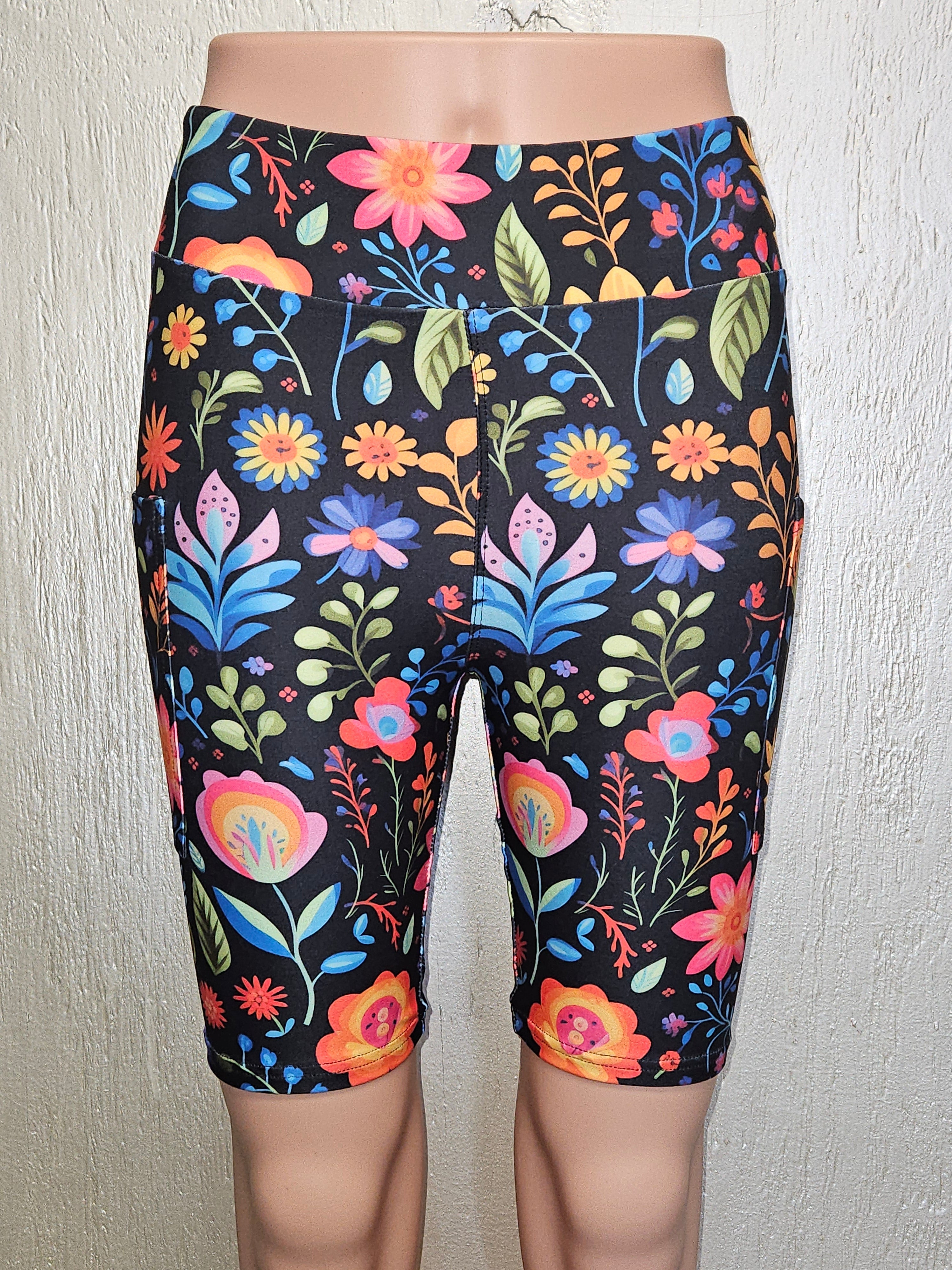 Mexican Floral On Black 14 capris and bike shorts