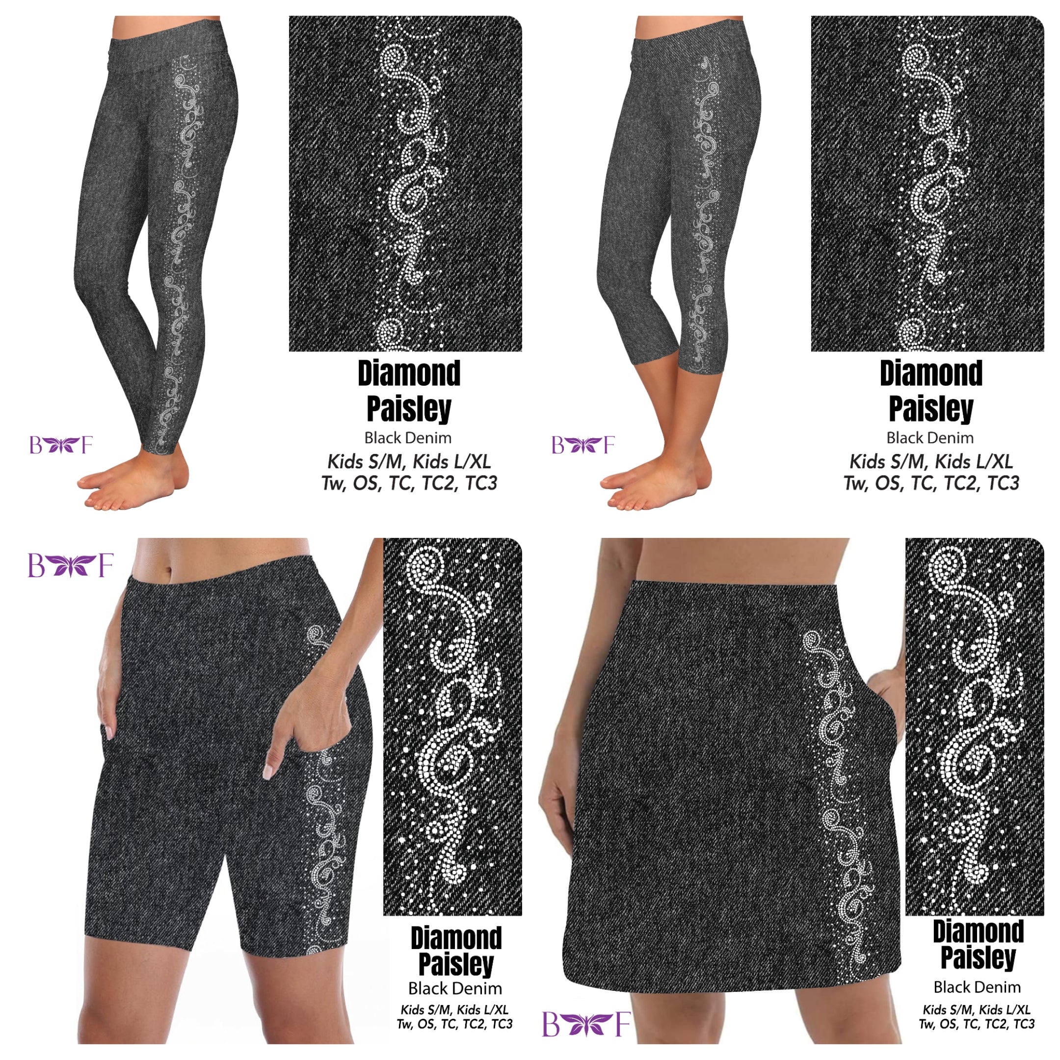 Gemstone Diamond Paisley on Black Faux Denim skorts, leggings and capris with pockets REAL gemstones