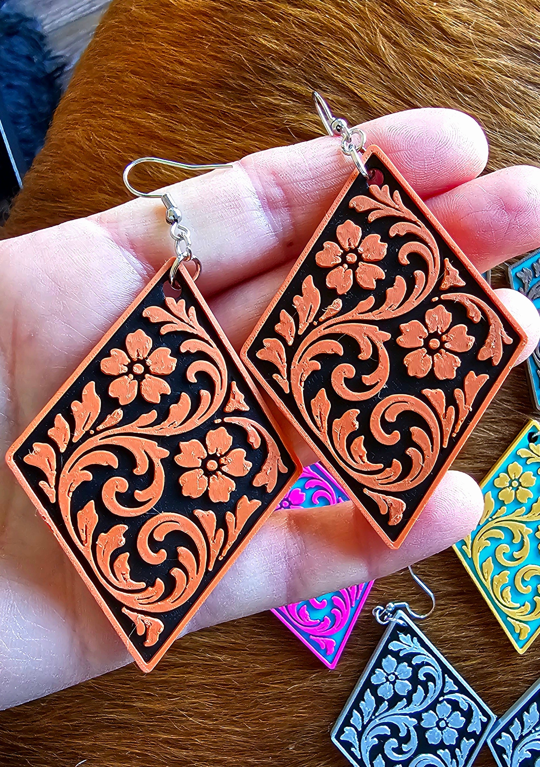 3D PRINTED WESTERN TOOLED FLORAL EARRINGS - MADE IN THE USA! Earrings