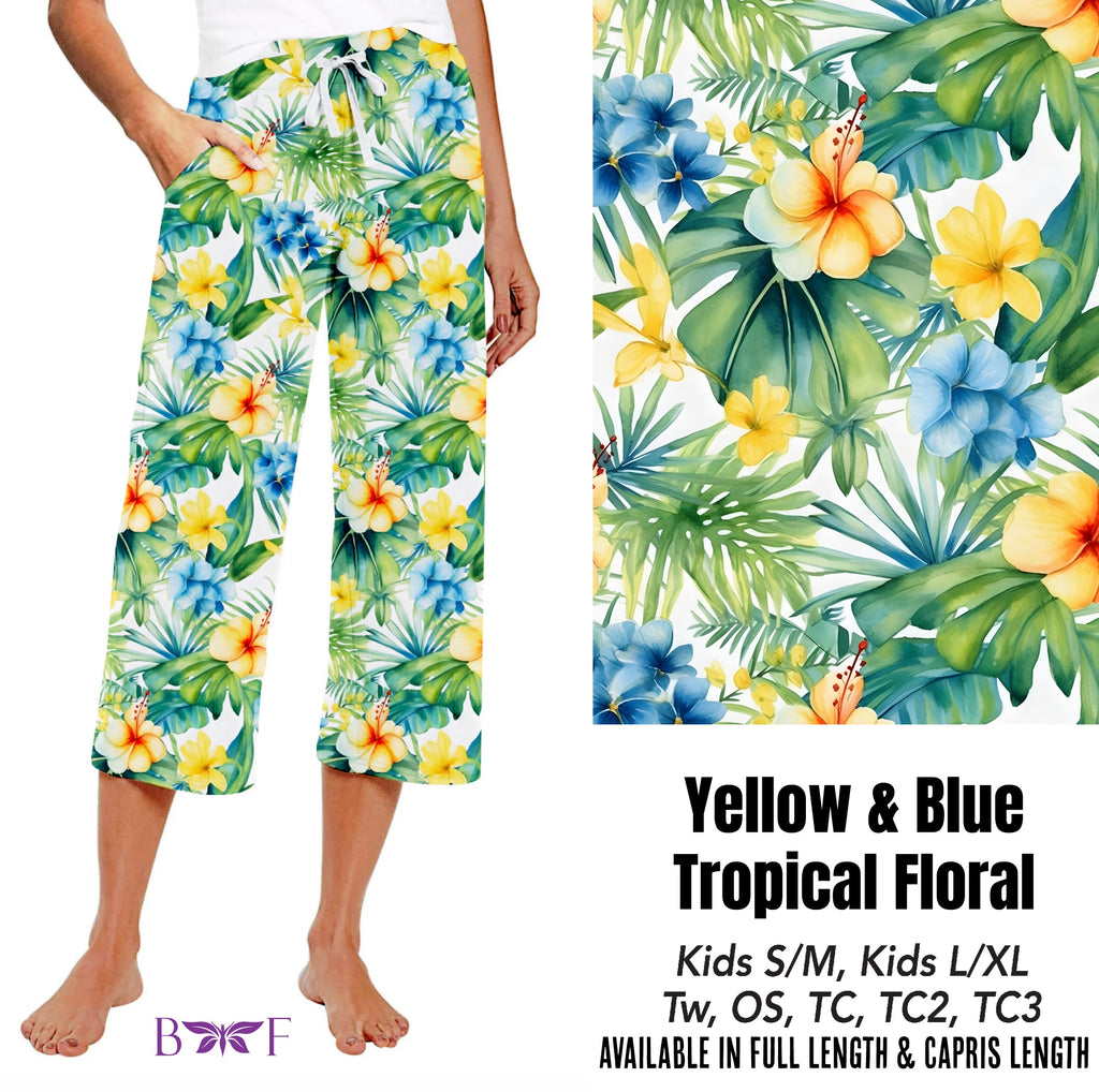 Yellow & Blue Tropical Floral capris with pockets