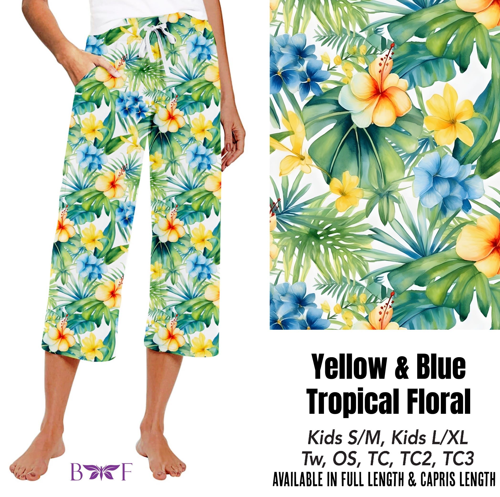 Yellow & Blue Tropical Floral capris with pockets