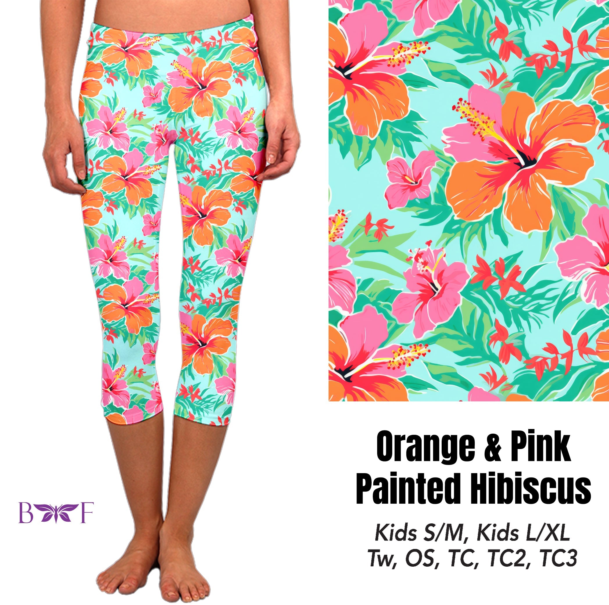 Orange and Pink Painted Hibiscus capris and biker shorts