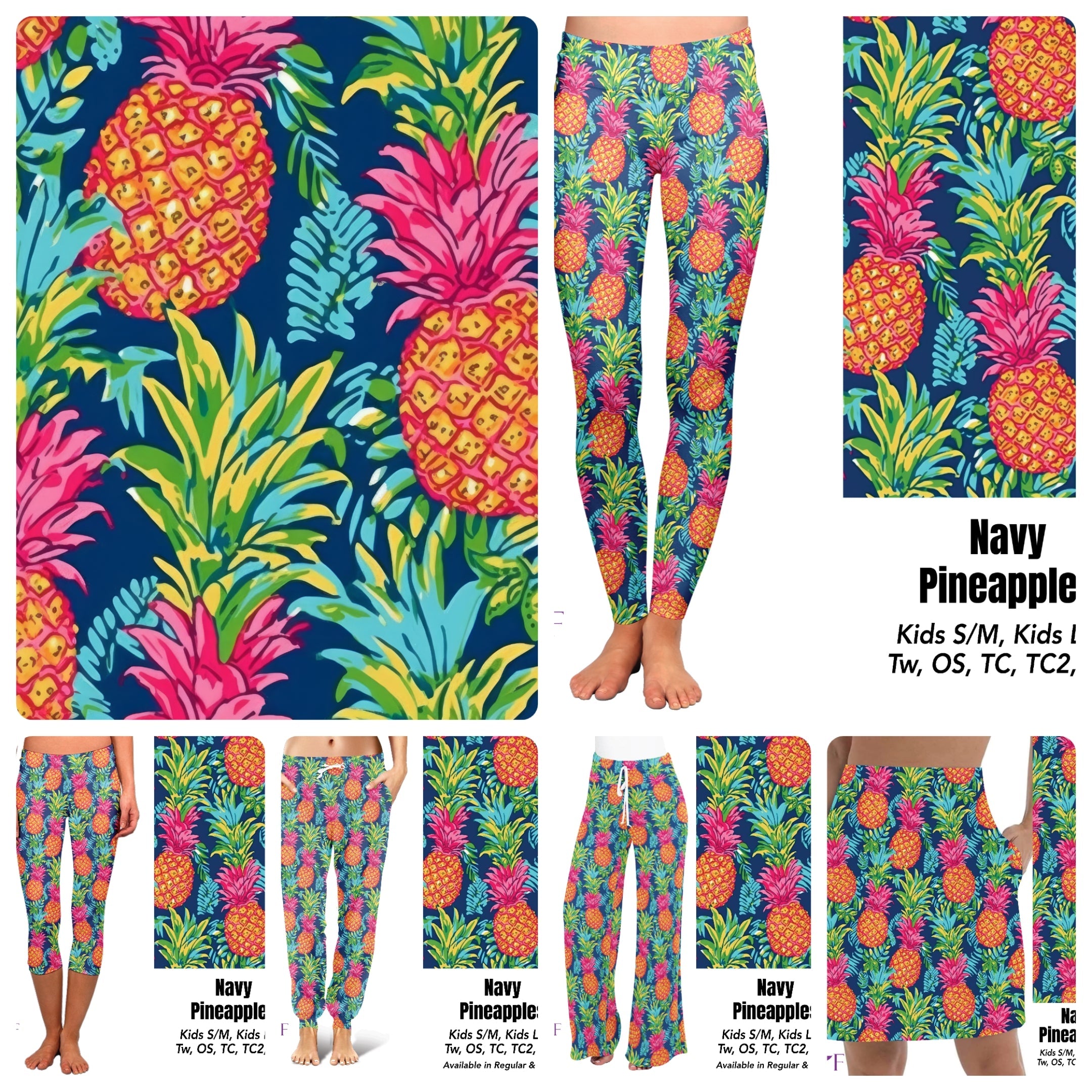 Navy Pineapples biker shorts, capris, and skorts with pockets
