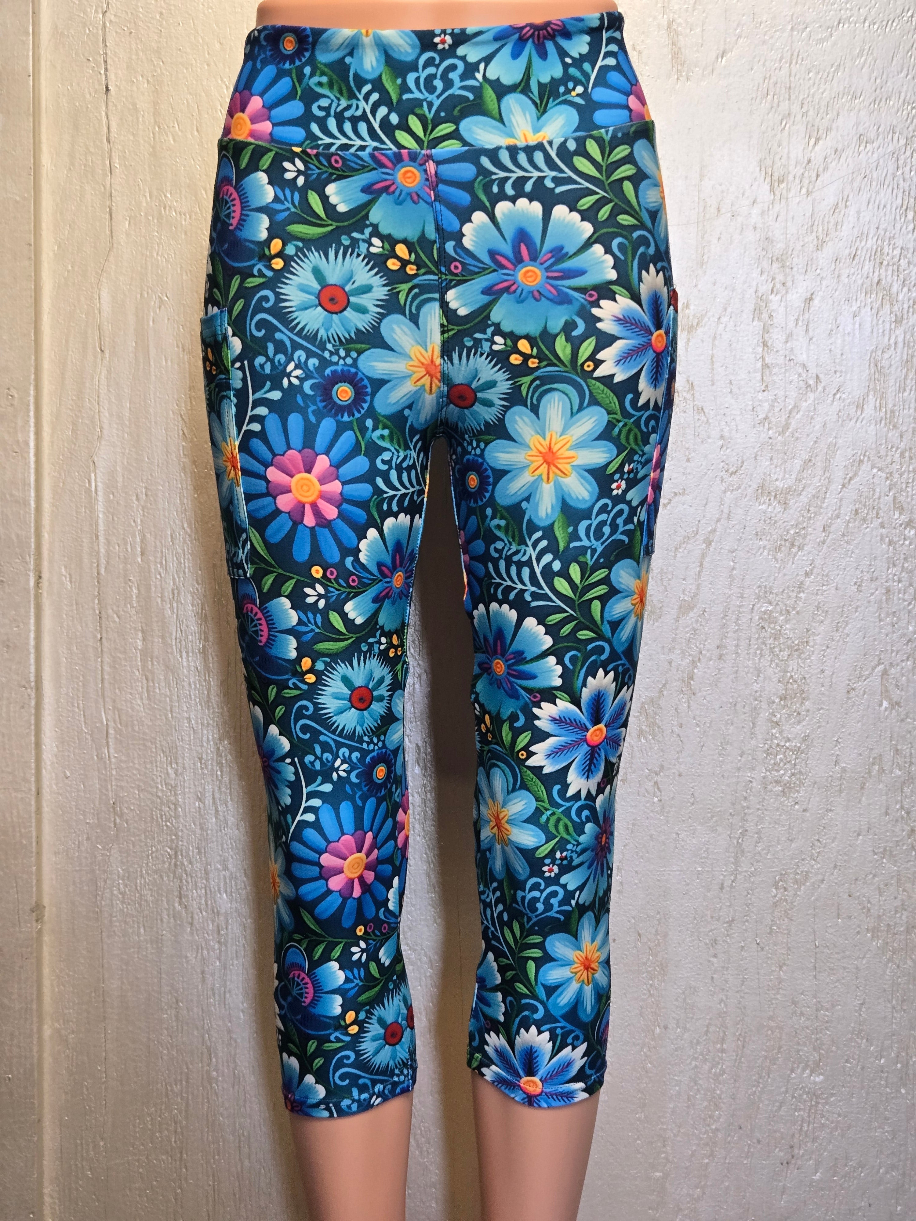 Florals on green capris with pockets