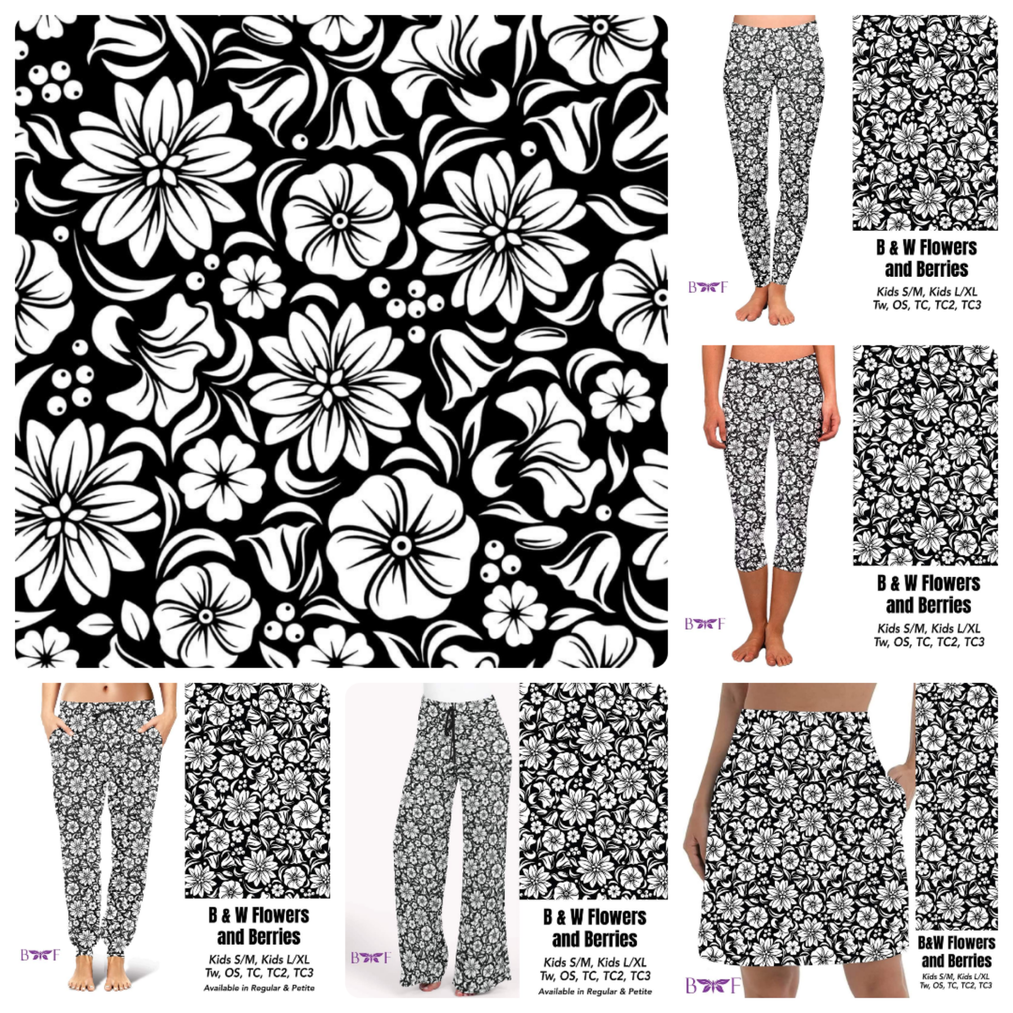 Black & White Flowers and Berries capris with pockets