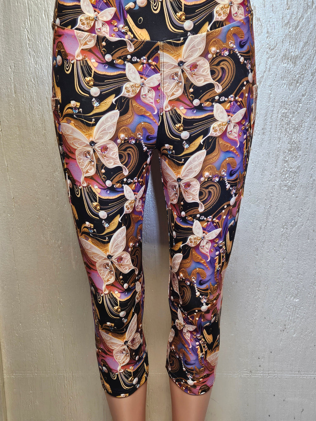 Butterfly Purple and Gold leggings and capris with pockets
