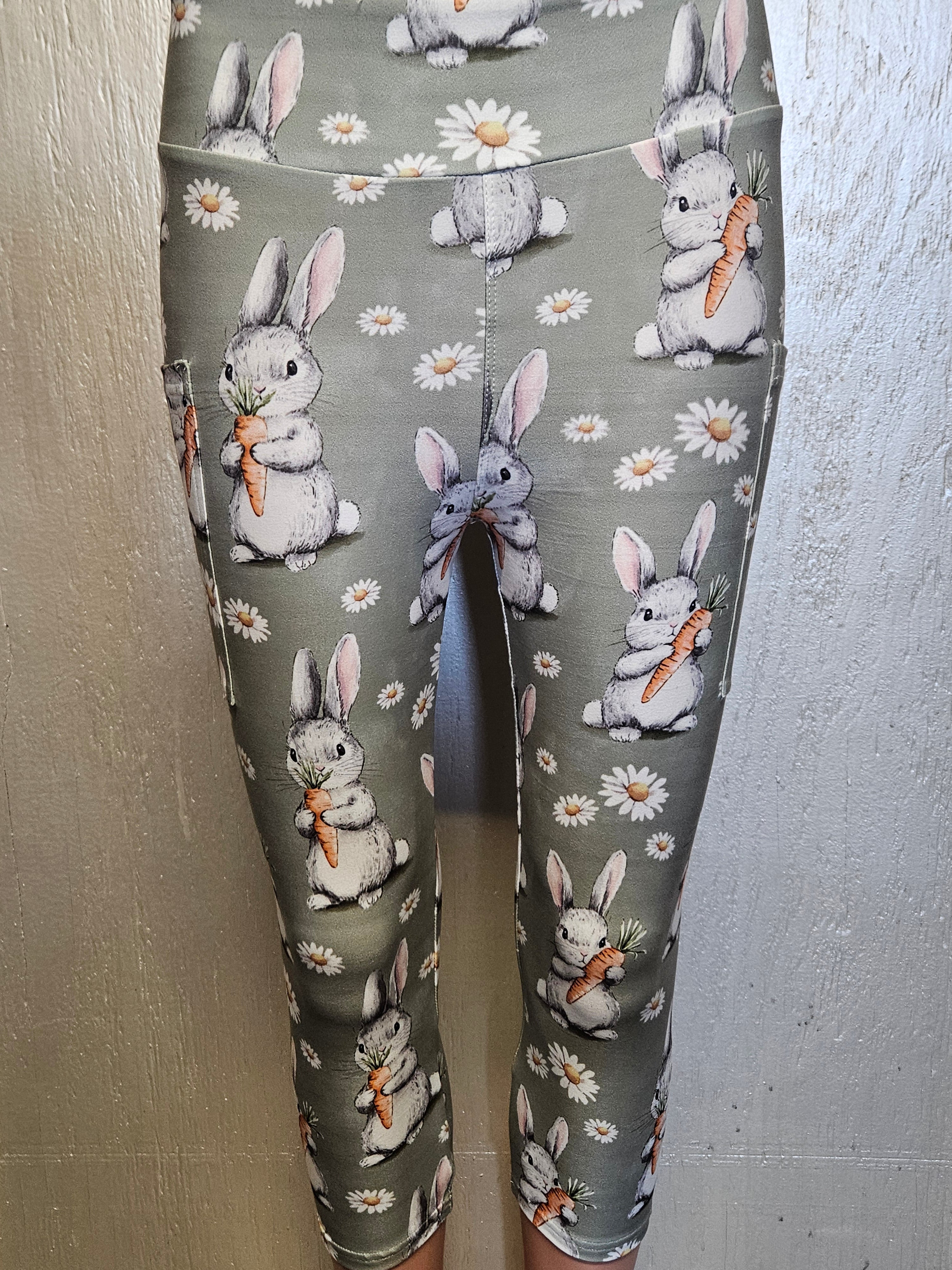 Rabbits On Teal capris with pockets