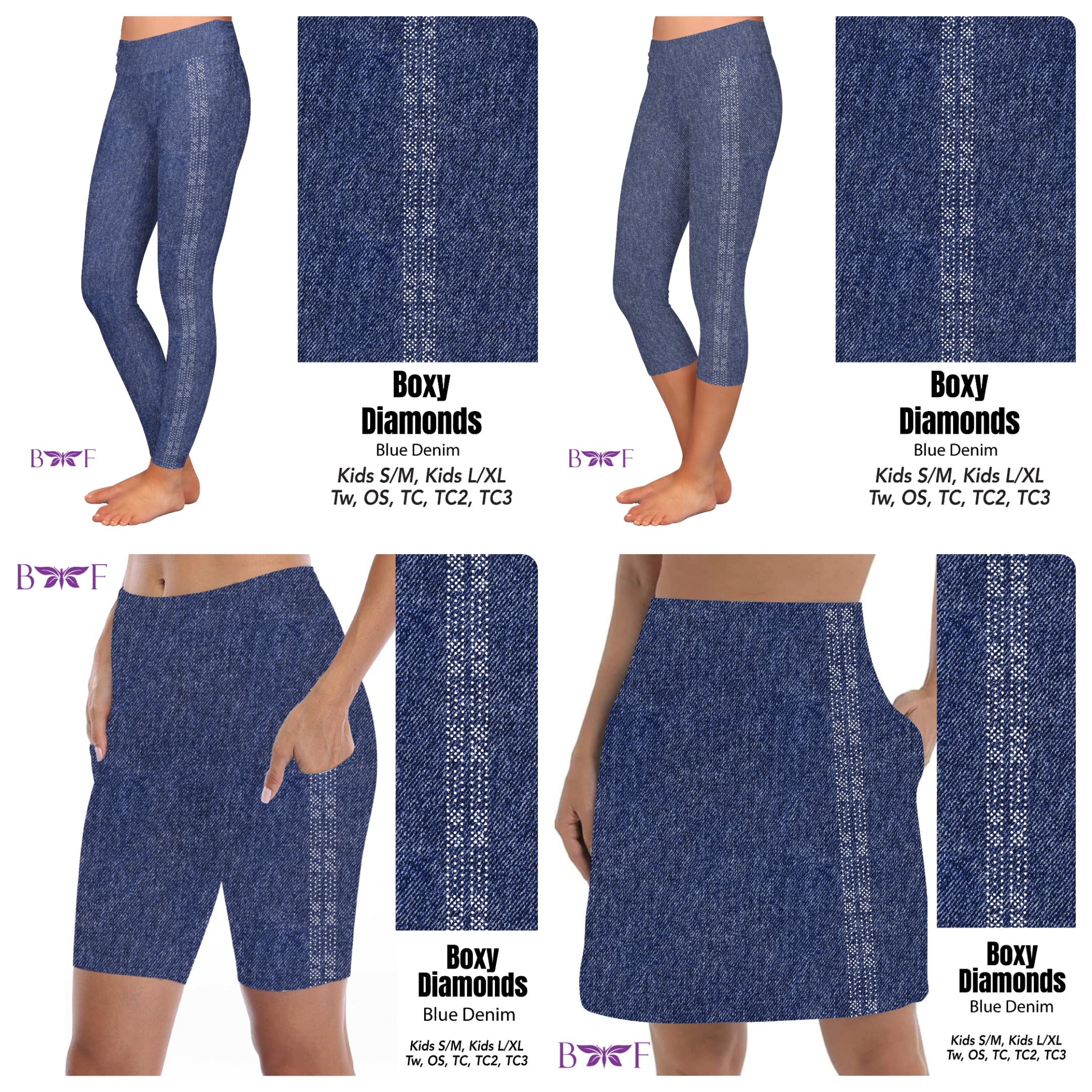 Gemstone Boxy Diamonds on Blue Faux Denim skorts and capris REAL gemstones