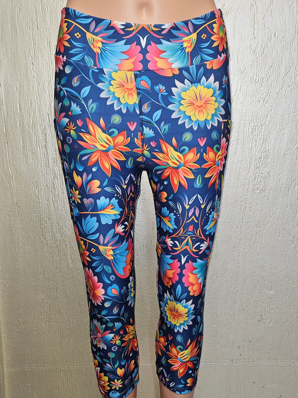 Mexican Floral on Navy capris and bike shorts with pockets