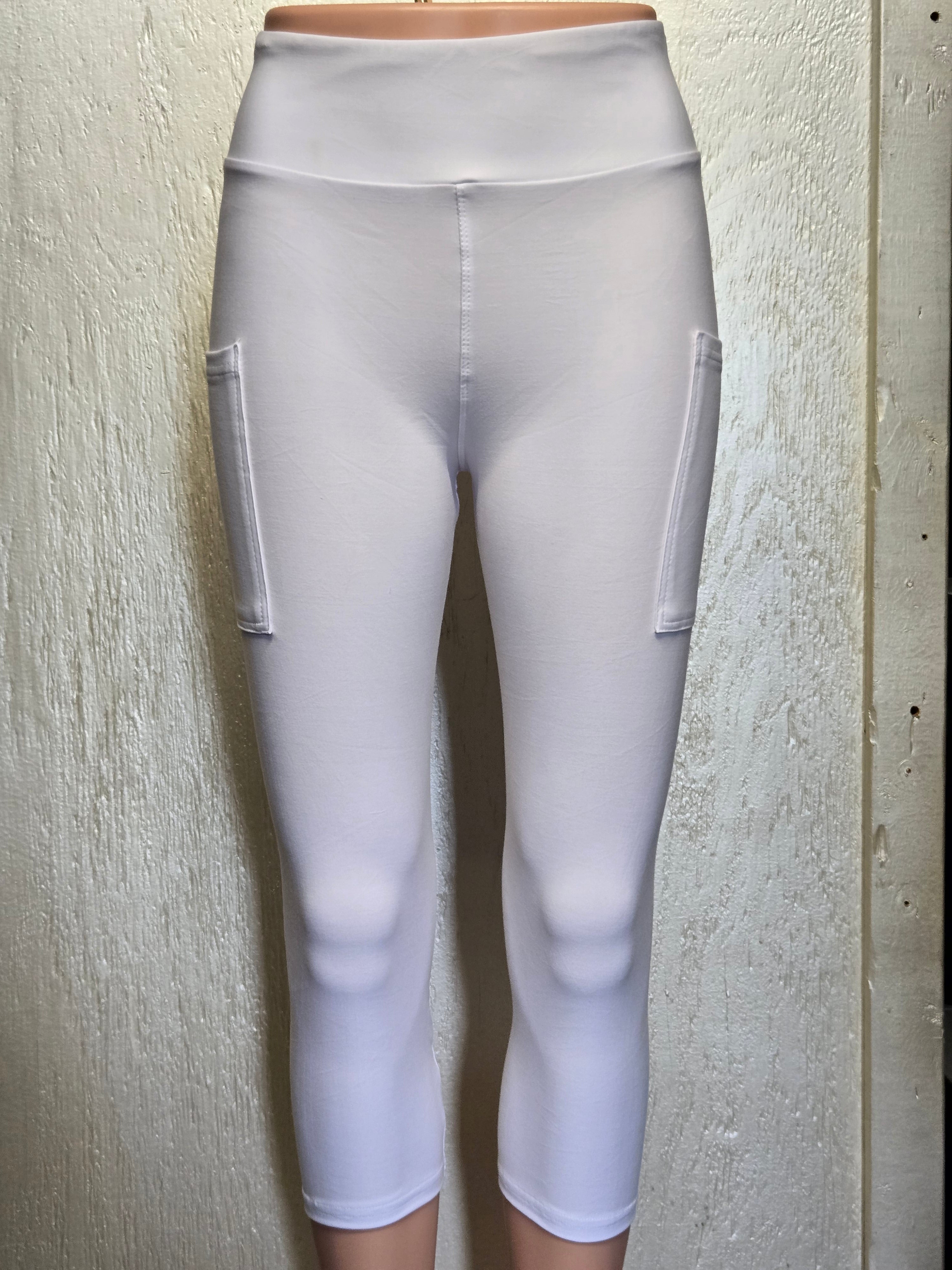 WHITE LEGGINGS, CAPRIS, AND BIKE SHORTS WITH POCKETS