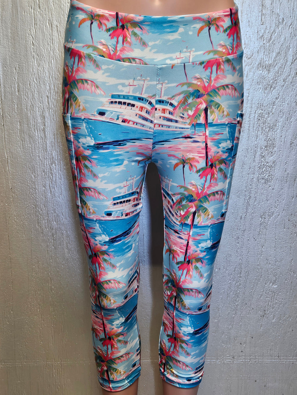 Watercolor Cruise capris and biker shorts with pockets.