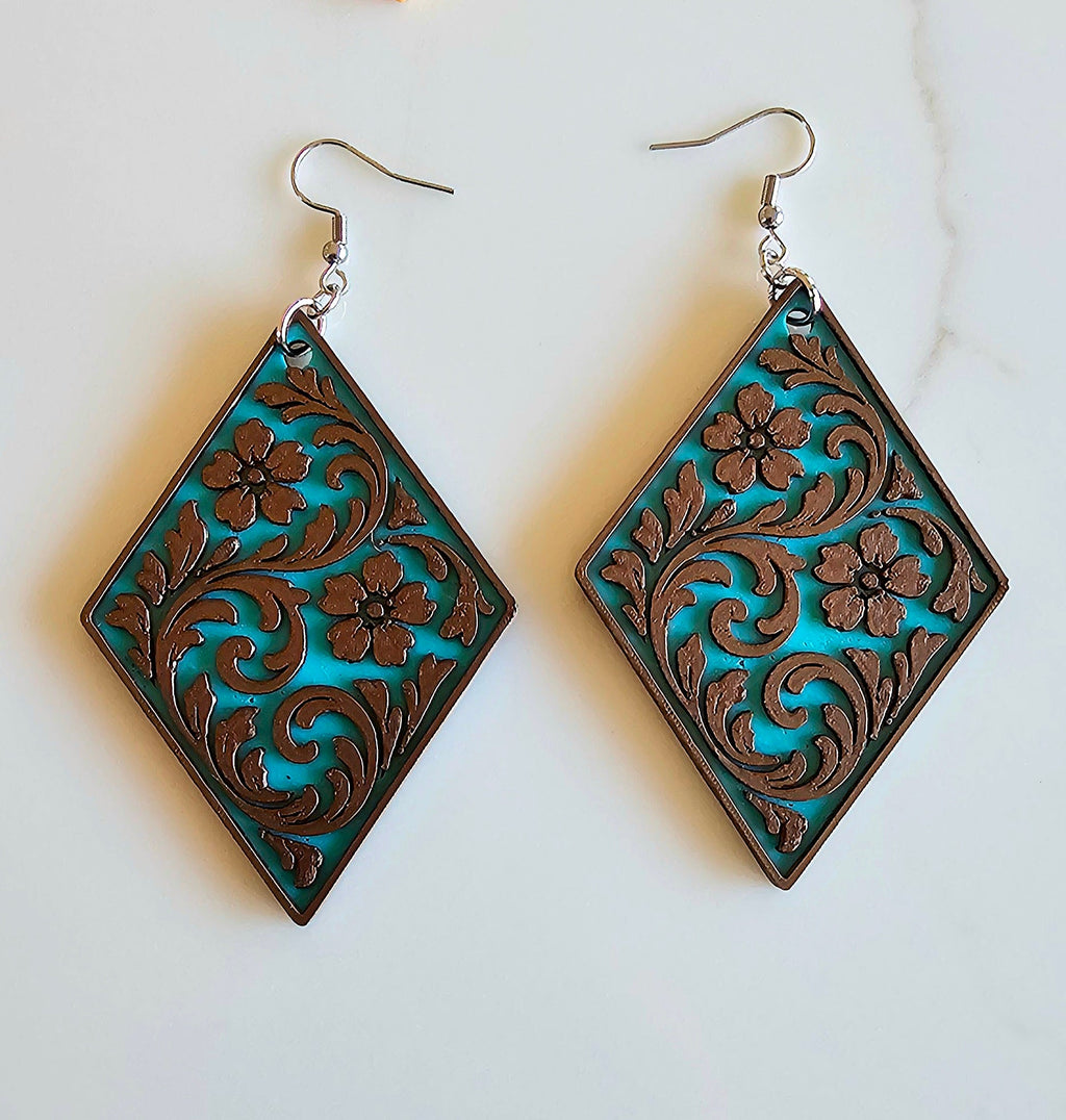 3D Print Western Tooled Floral Earrings Made in America Choice of Colors Earrings