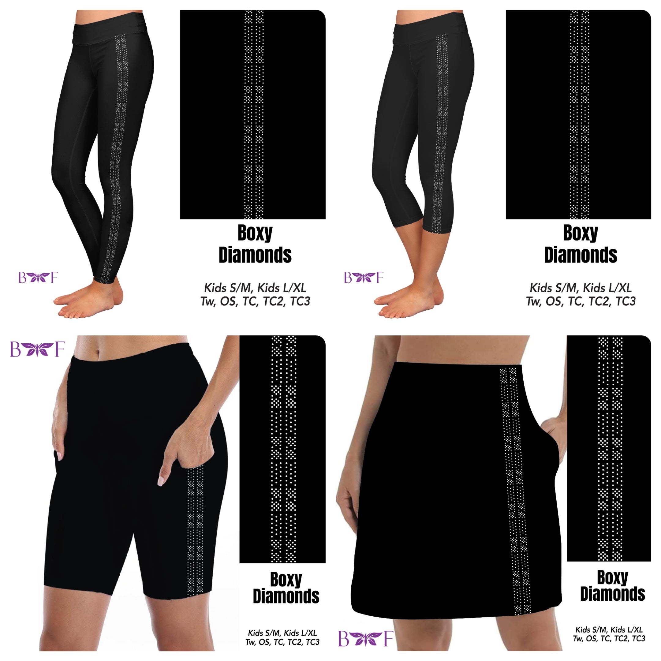 Gemstone Boxy Diamonds on Solid Black leggings, skorts, and capris with pockets REAL gemstones