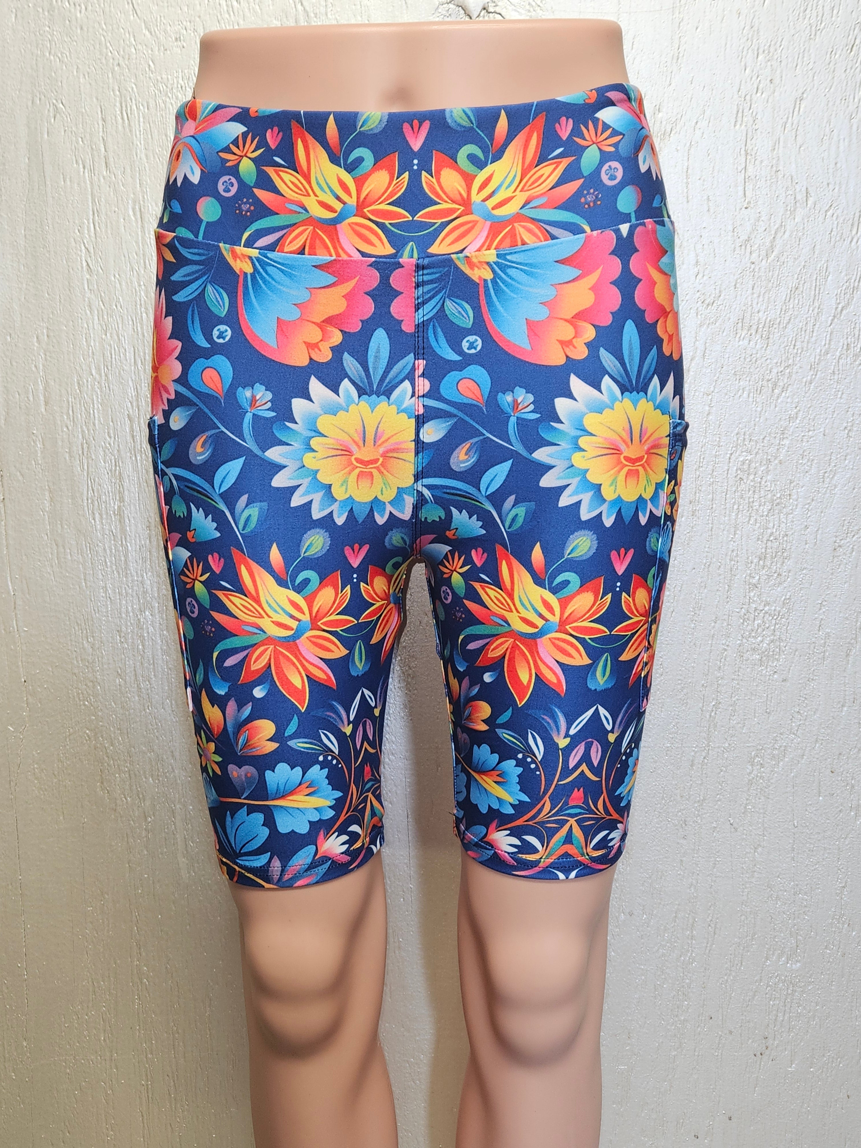 Mexican Floral on Navy capris and bike shorts with pockets