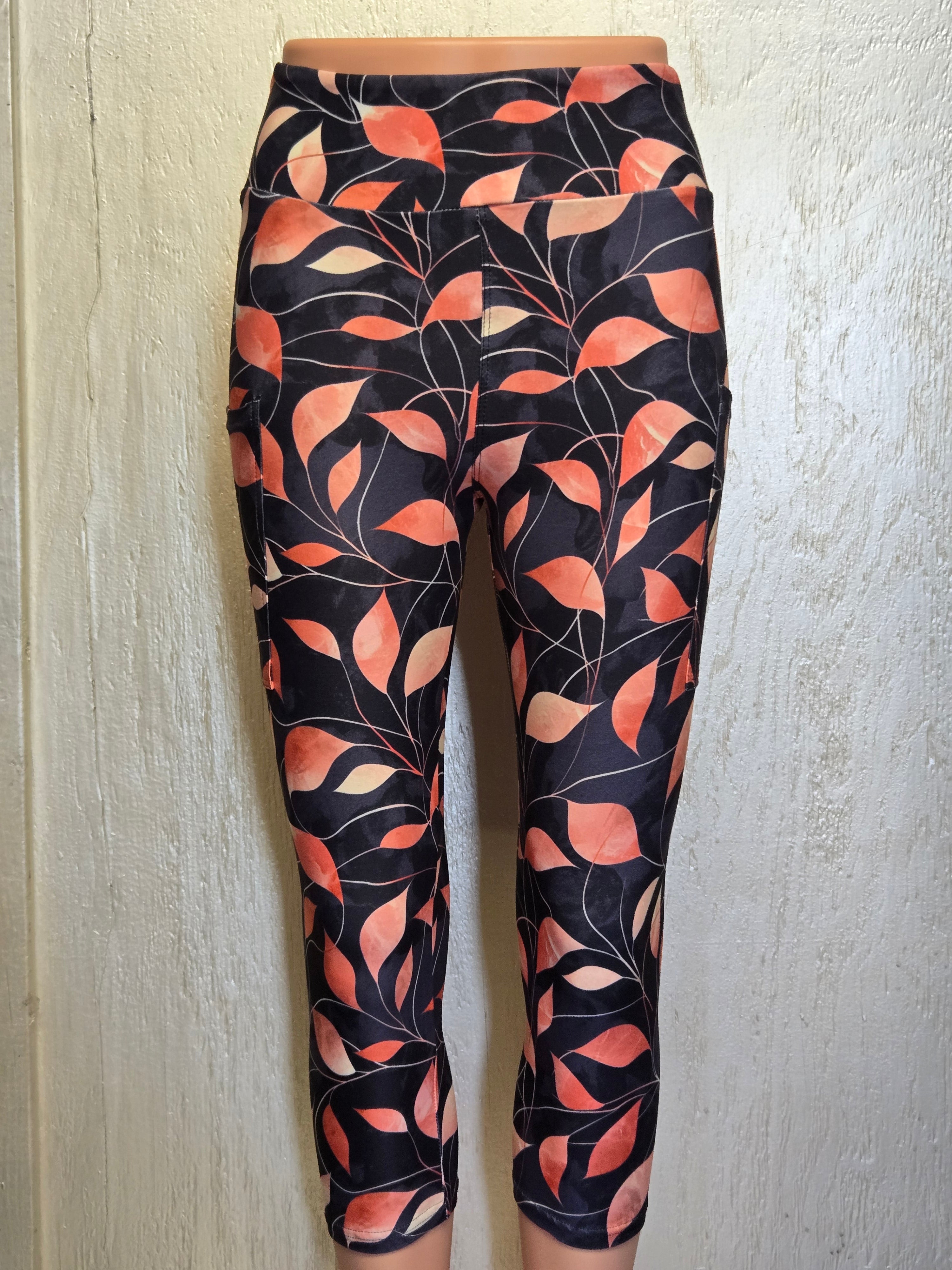 Gold leaves capris and biker shorts with pockets