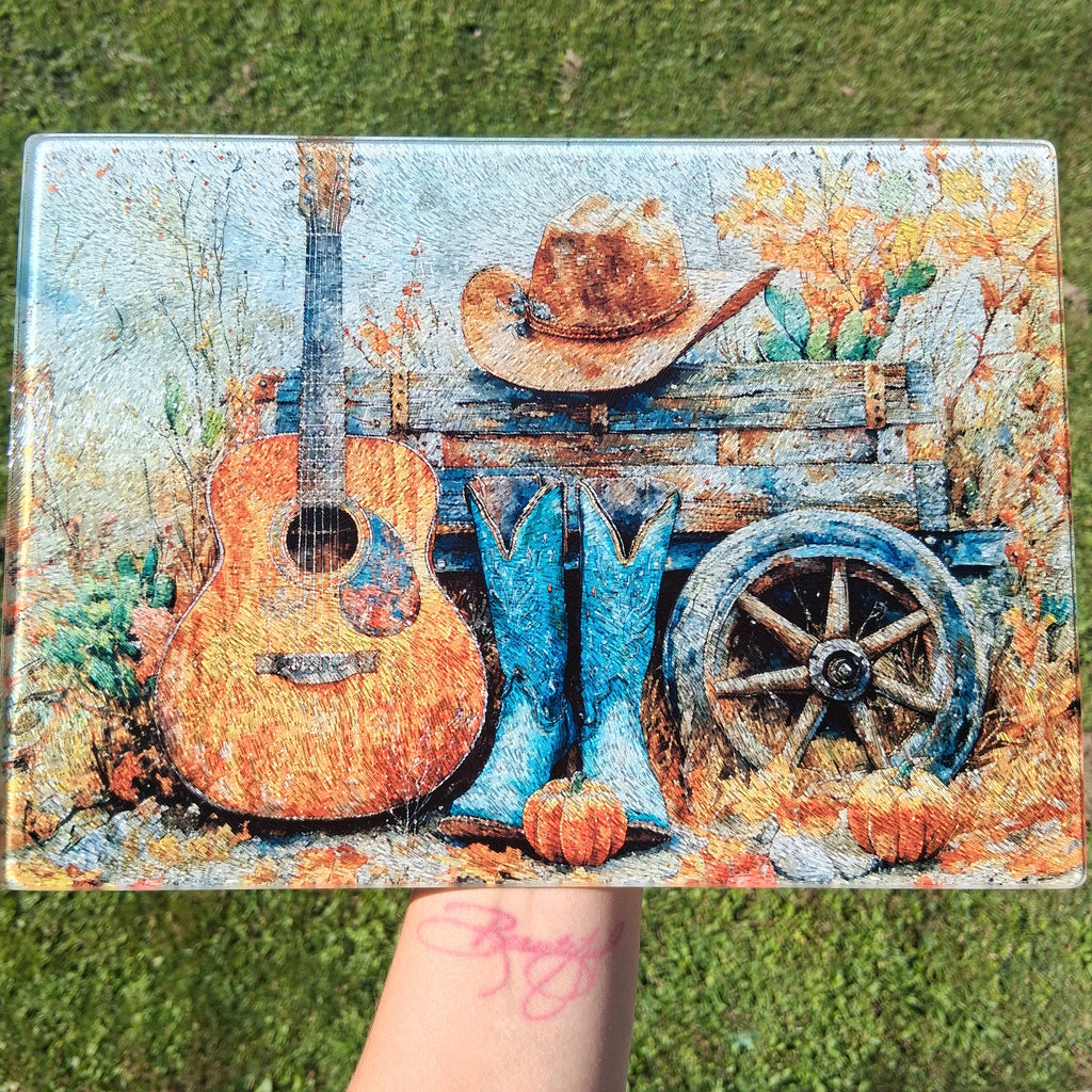 Cowgirl Guitar Glass Cutting Board cutting board