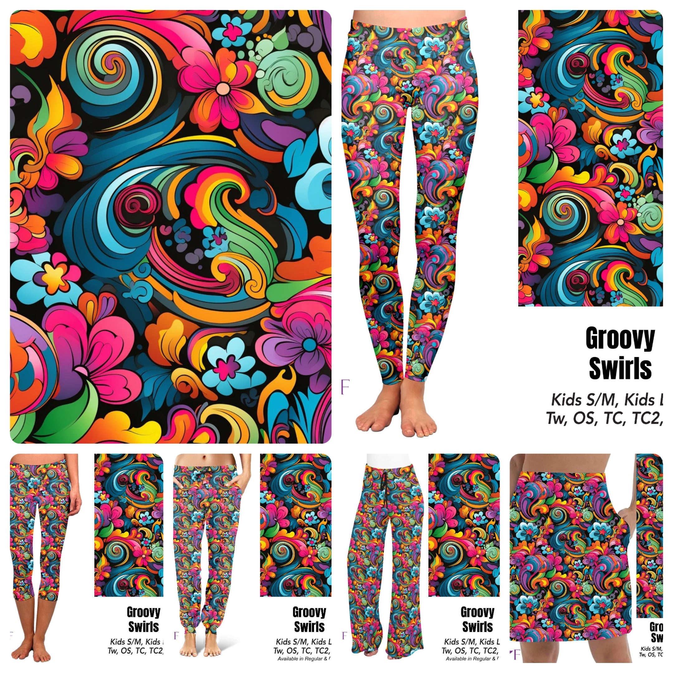 Groovy Swirls leggings, capris, skorts, and biker shorts with pockets