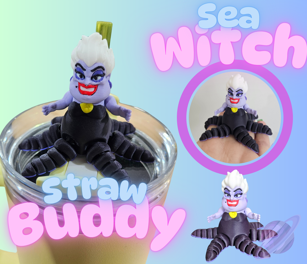 Sea Witch straw buddy toy with a glass of juice on a colorful background