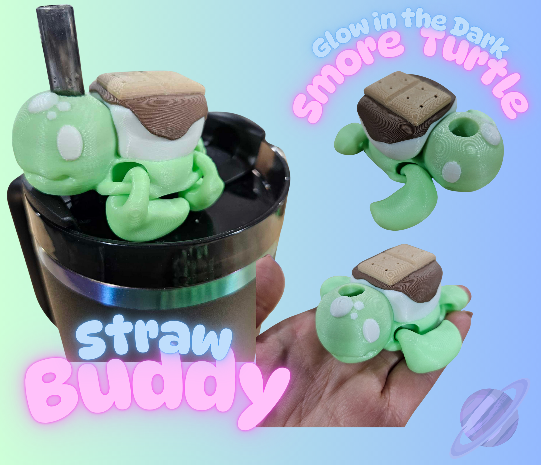 Glow-in-the-dark s'more turtle straw buddy with 'Straw Buddy' branding on a light blue background.