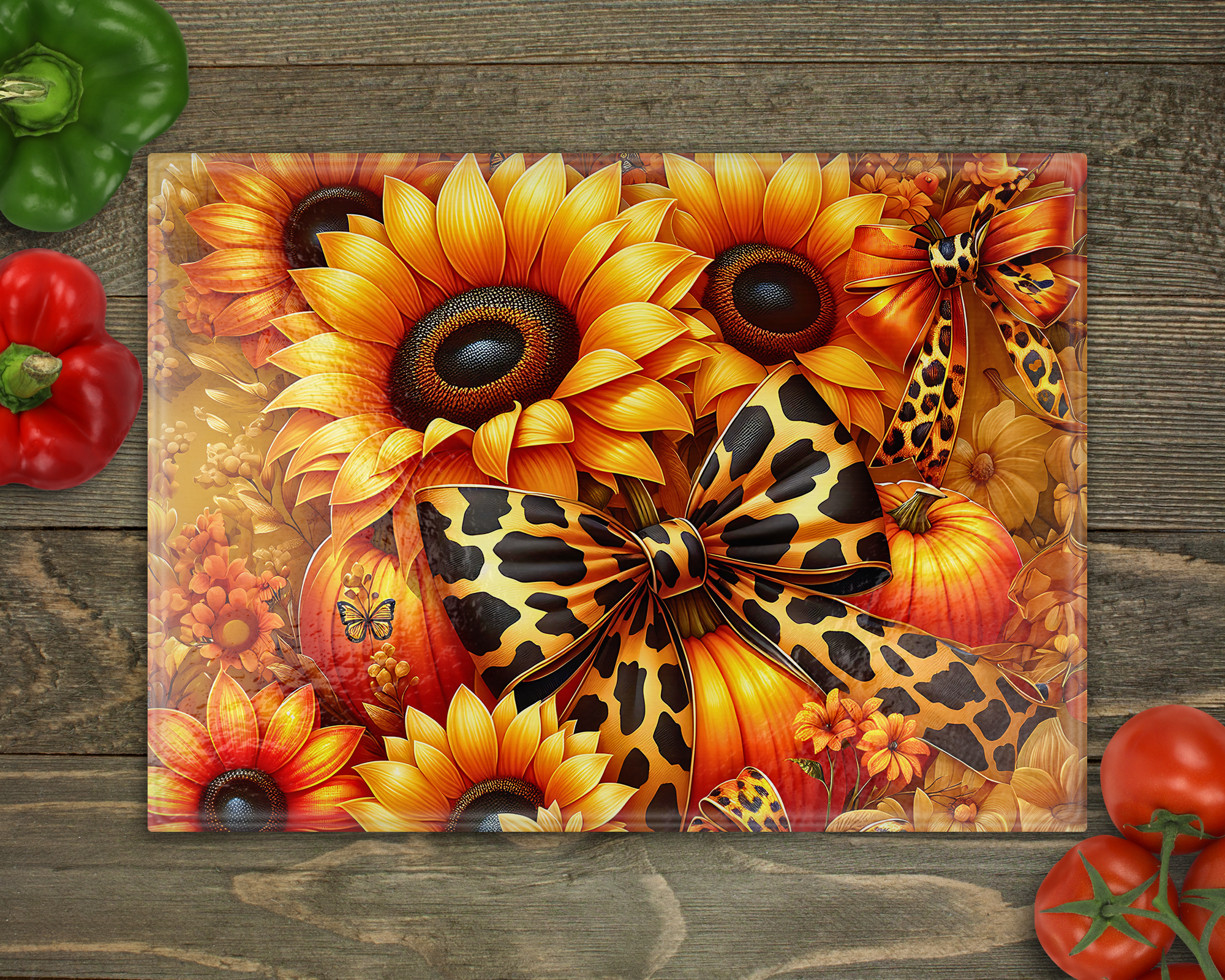 Sunflower Pumpkin Fall Bow Glass Cutting Board cutting board