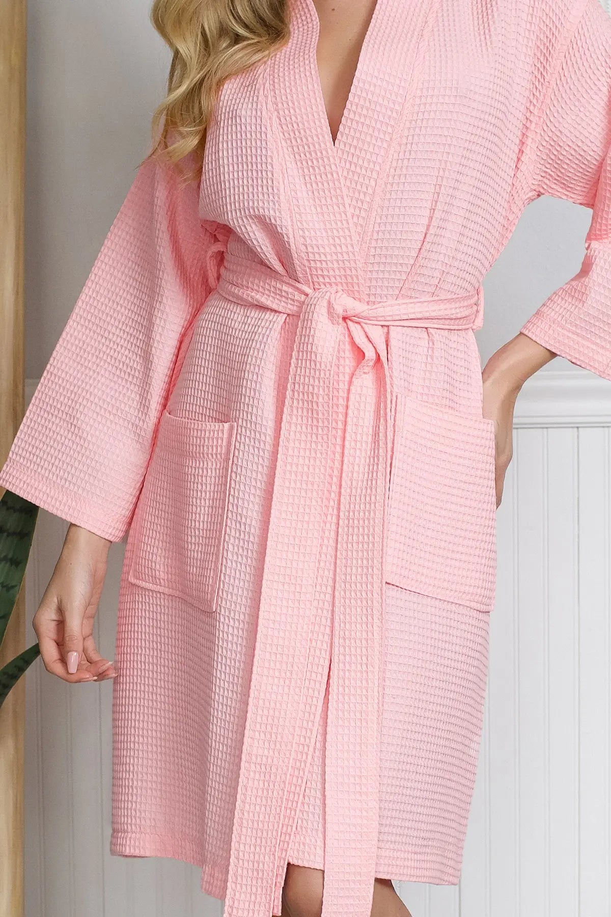Women's Waffle Kimono Knee Length Robe