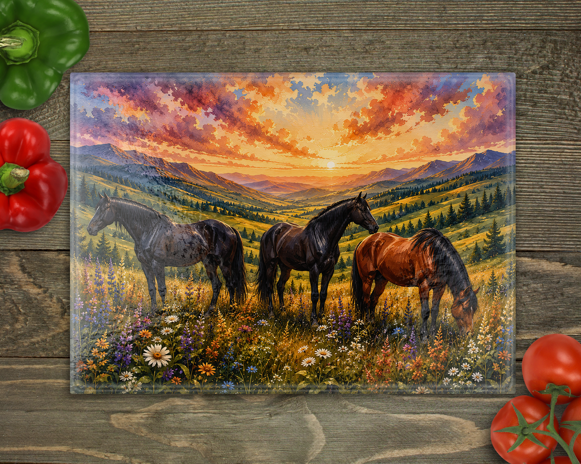 Watercolor Horses Glass Cutting Board cutting board