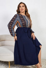 Load image into Gallery viewer, Plus Size Printed Tie Belt Boat Neck Midi Dress
