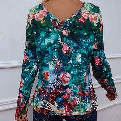 Printed V-Neck Long Sleeve Blouse