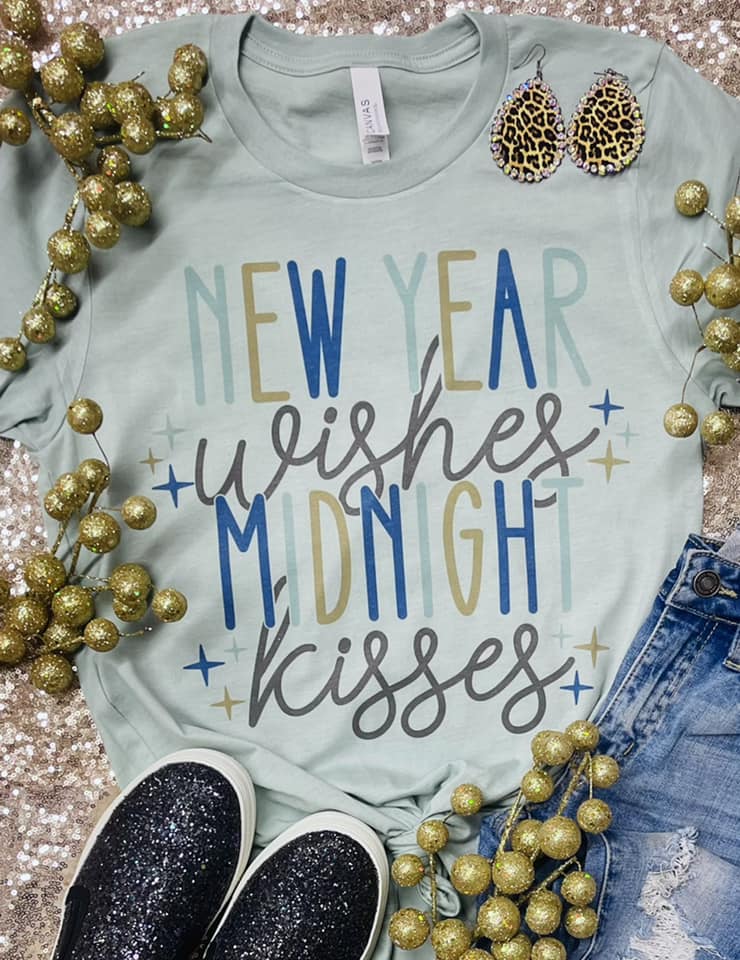 New Year Wishes Midnight Kisses Dusty Blue Tee