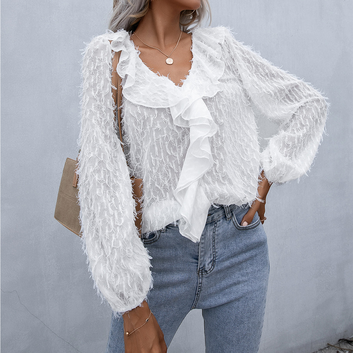 Double Take Ruffle Hem Fringe V-Neck Balloon Sleeve Blouse