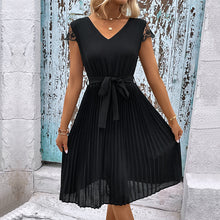 Load image into Gallery viewer, V-Neck Tie Belt Pleated Dress
